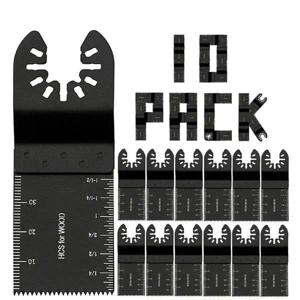 A set of ten ID pack blades for HCS wood, showing various sizes and configurations.