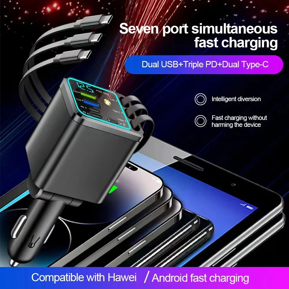 7-in-1 120W Car Charger with Retractable Cables and Digital Voltmeter