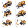 A set of diecast alloy construction vehicles including a tractor, excavator, and truck toy in yellow and black.