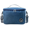 A dark blue insulated lunch bag with a zipper and shoulder strap is shown against a white background.