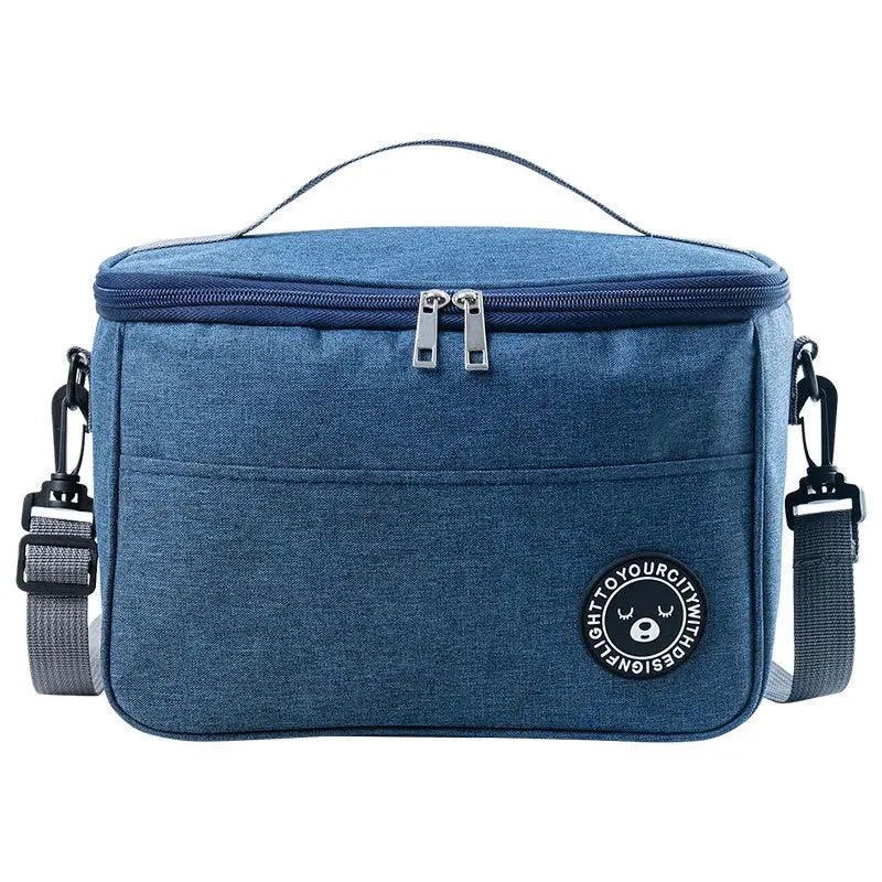 A dark blue insulated lunch bag with a zipper and shoulder strap is shown against a white background.