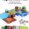 A set of magnetic base plates and building blocks showing various combinations and extensions.