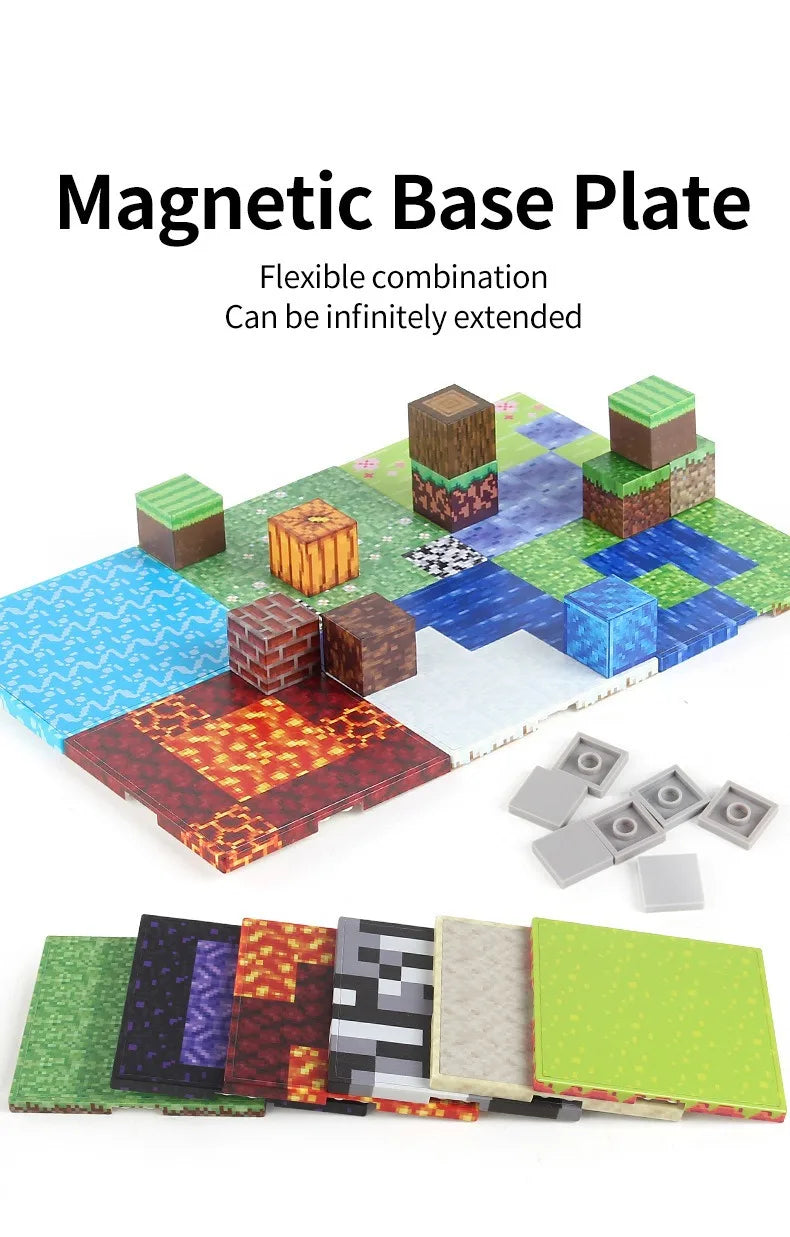A set of magnetic base plates and building blocks showing various combinations and extensions.