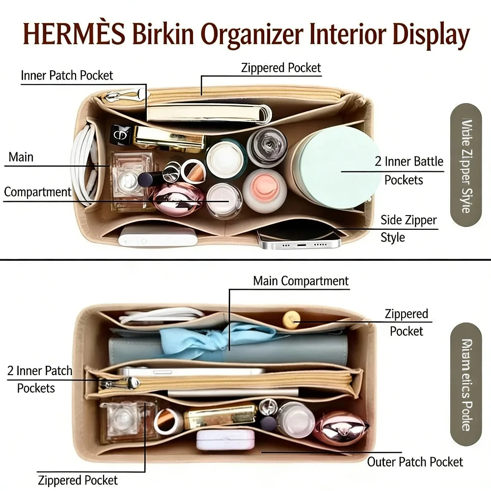 Interior display of a Hermès Birkin organizer showing various compartments and pockets.