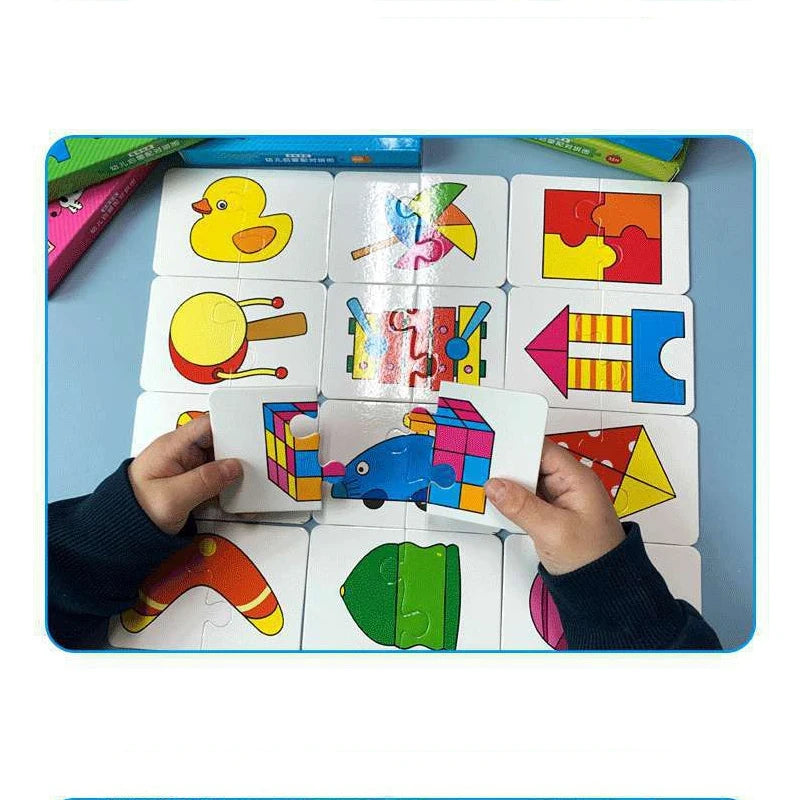 A pair of hands holds a wooden puzzle card game featuring various animal and fruit shapes.