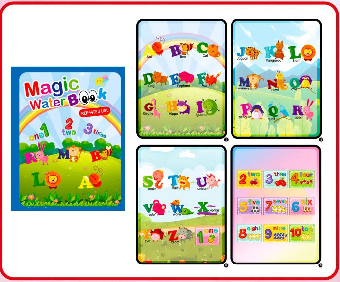 A set of reusable magic water drawing books for kids featuring letters and numbers.