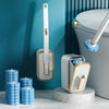 A white disposable toilet cleaning brush with a replaceable head is shown next to a toilet and stacked blue cleaning discs.