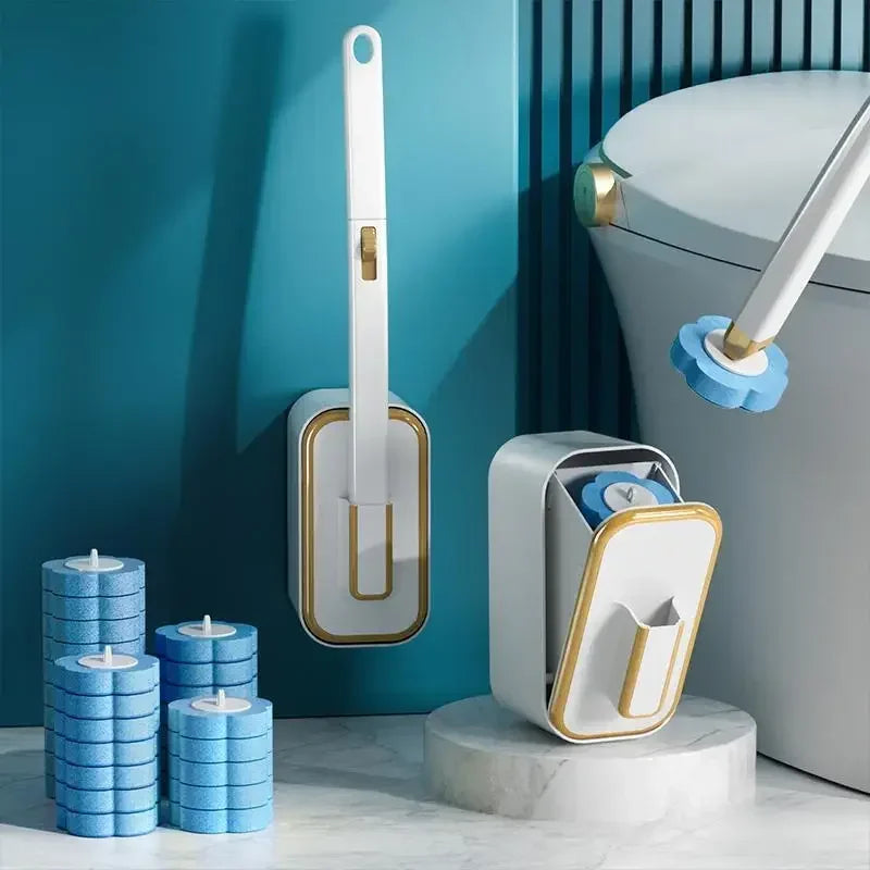 A white disposable toilet cleaning brush with a replaceable head is shown next to a toilet and stacked blue cleaning discs.