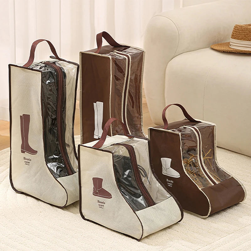 Brown and beige waterproof boot storage bags with handles displayed on a light rug.