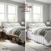 Before and after comparison of an adjustable wrap-around bed skirt with elegant ruffles on a bed.