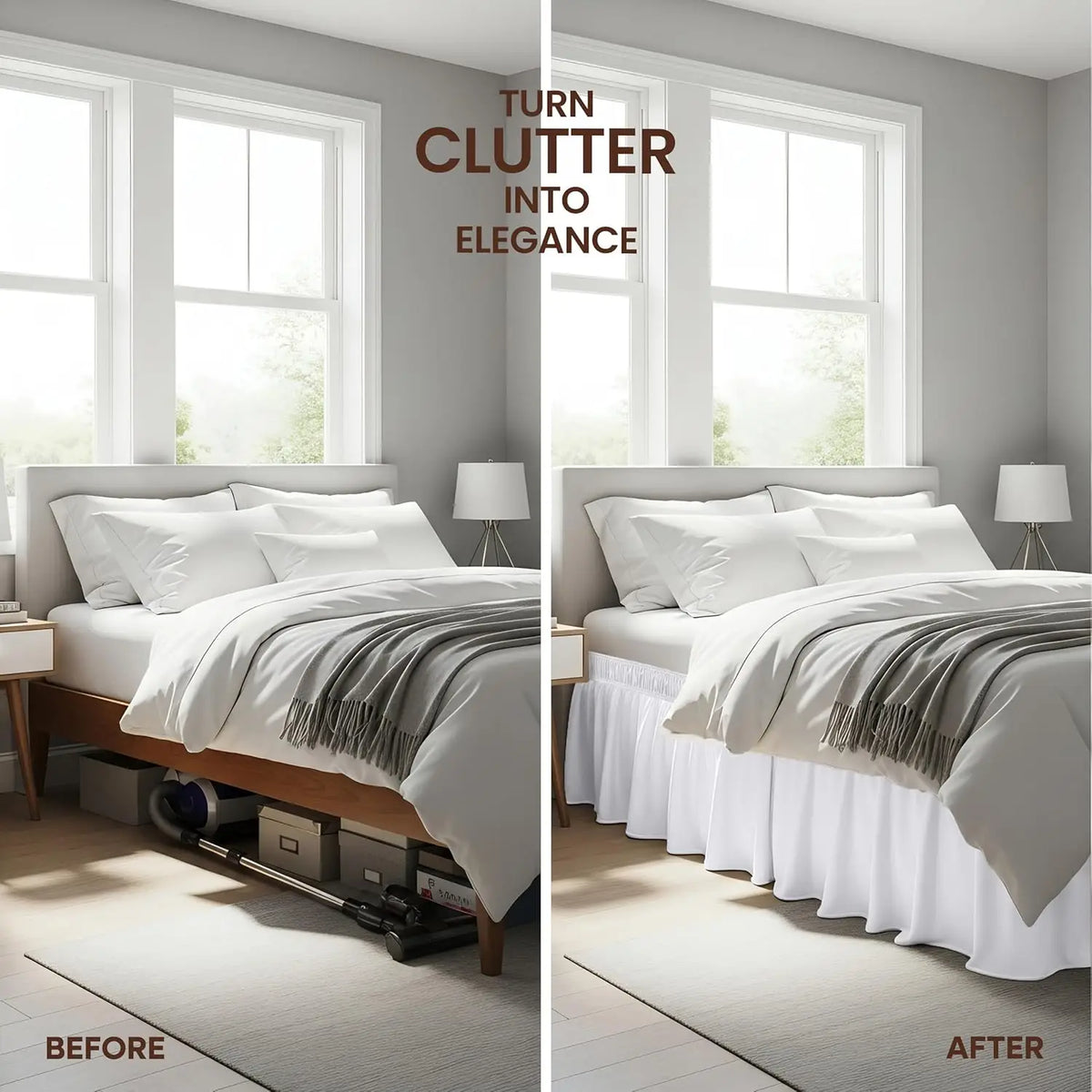 Before and after comparison of an adjustable wrap-around bed skirt with elegant ruffles on a bed.