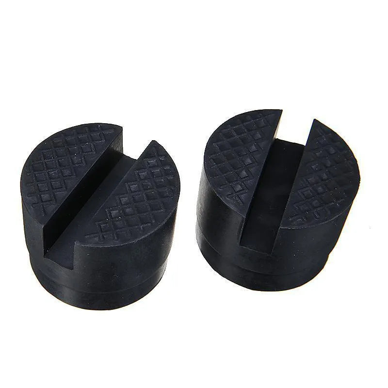 Black rubber pad for a universal car jack with a slotted frame rail adapter.