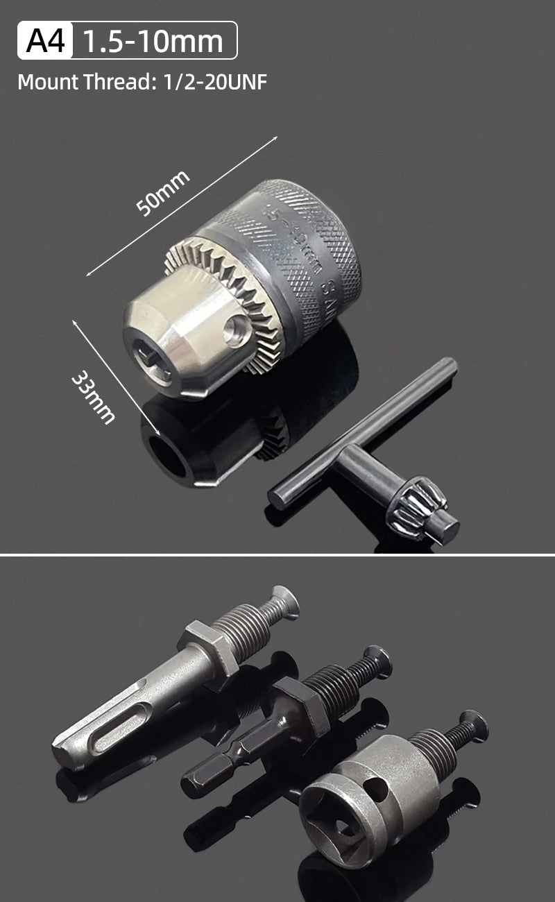 A drill chuck kit showing a 50mm tool and various mounting threads including 1.5-10mm and 1/2-20UNF adapters.