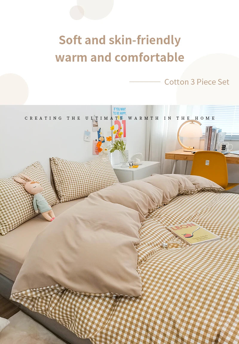 100% Cotton Duvet Cover Set with Plaid Stripe – Breathable & Skin-Friendly