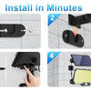 Four steps showing the installation of a solar powered motion sensor wall light with LED bulbs.