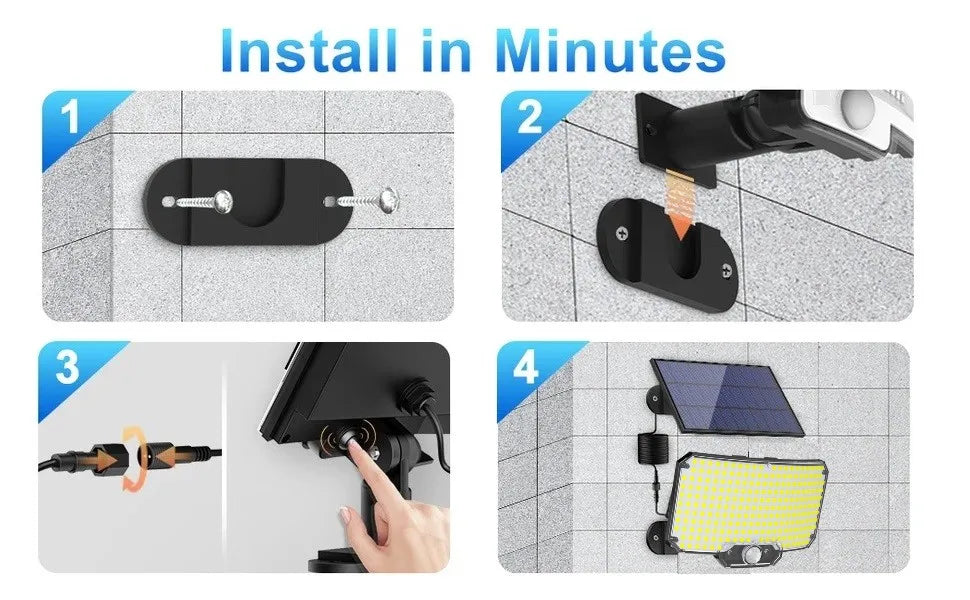 Four steps showing the installation of a solar powered motion sensor wall light with LED bulbs.