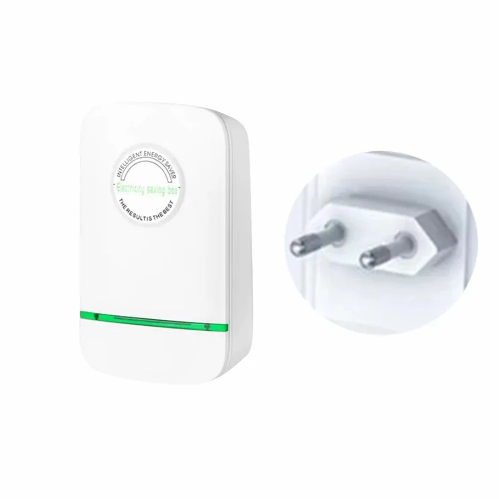 A white plug-in energy saver and voltage stabilizer device.