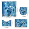A set of blue dolphin bathroom accessories featuring a large vertical display and smaller oval decorative pieces.