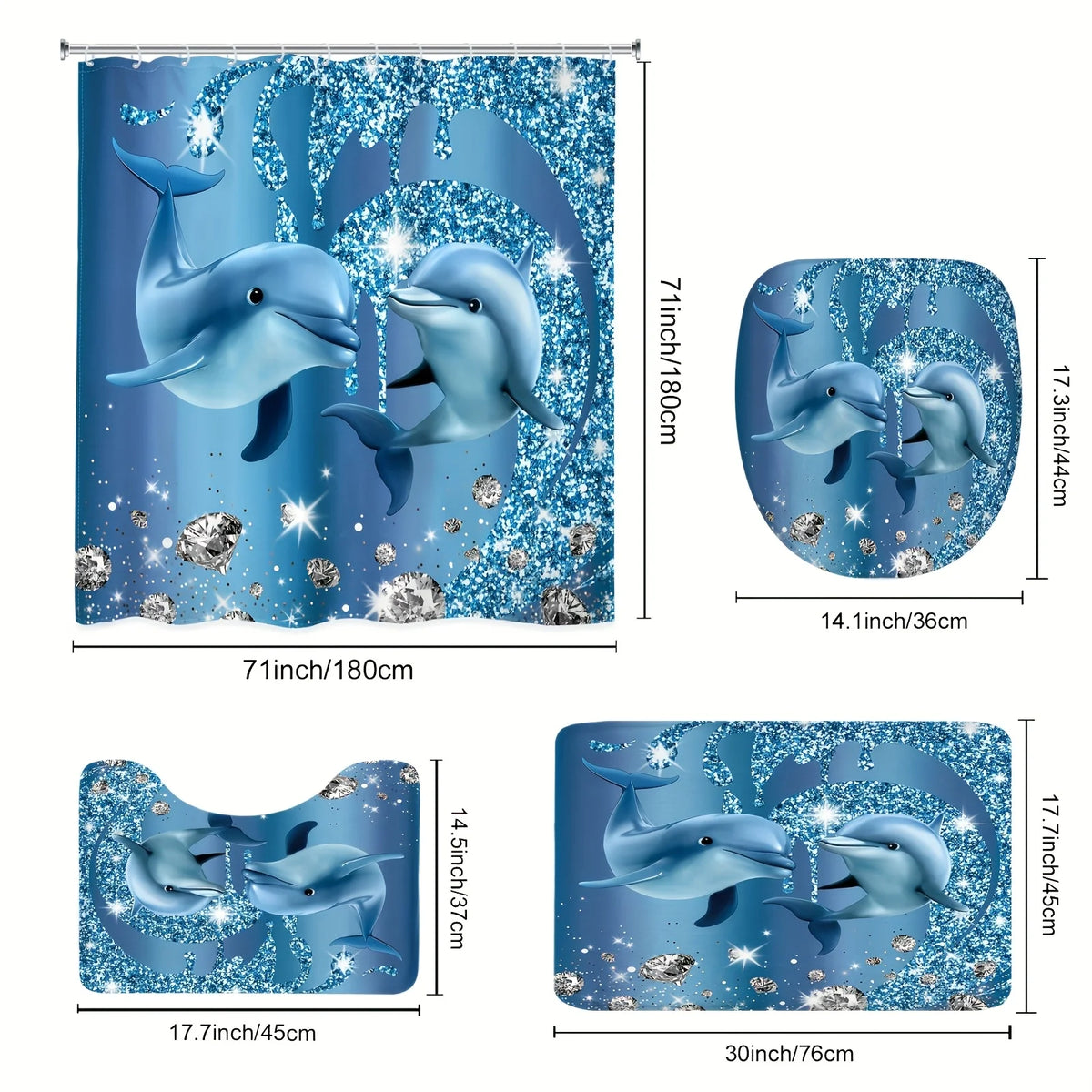 A set of blue dolphin bathroom accessories featuring a large vertical display and smaller oval decorative pieces.