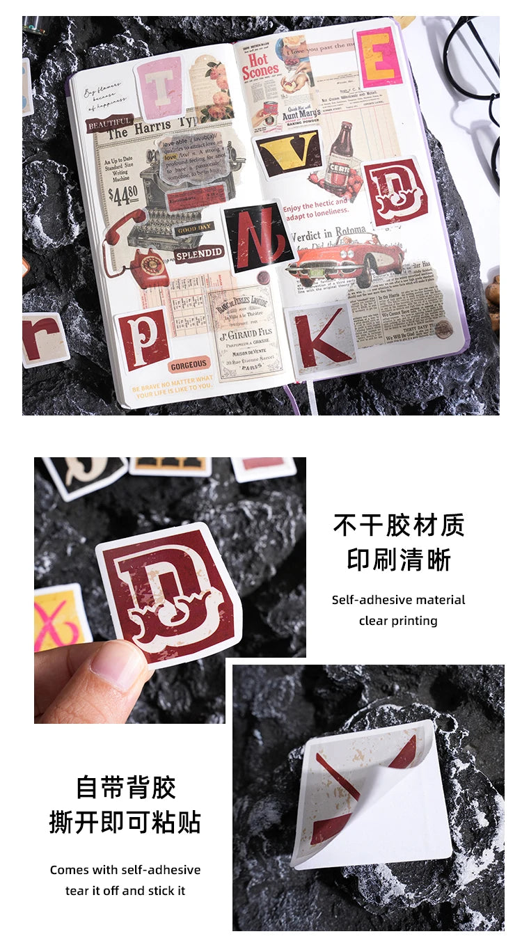 A set of vintage alphabet stickers featuring letters like T, E, V, N, and K on a white background.