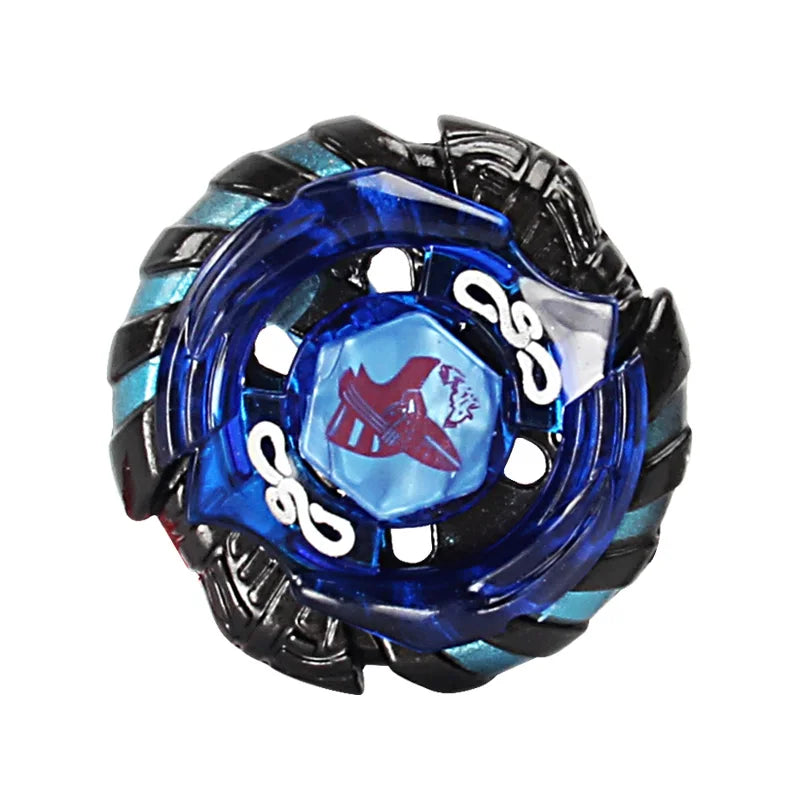 A blue and black alloy battle spinning top with a hexagonal clear center.