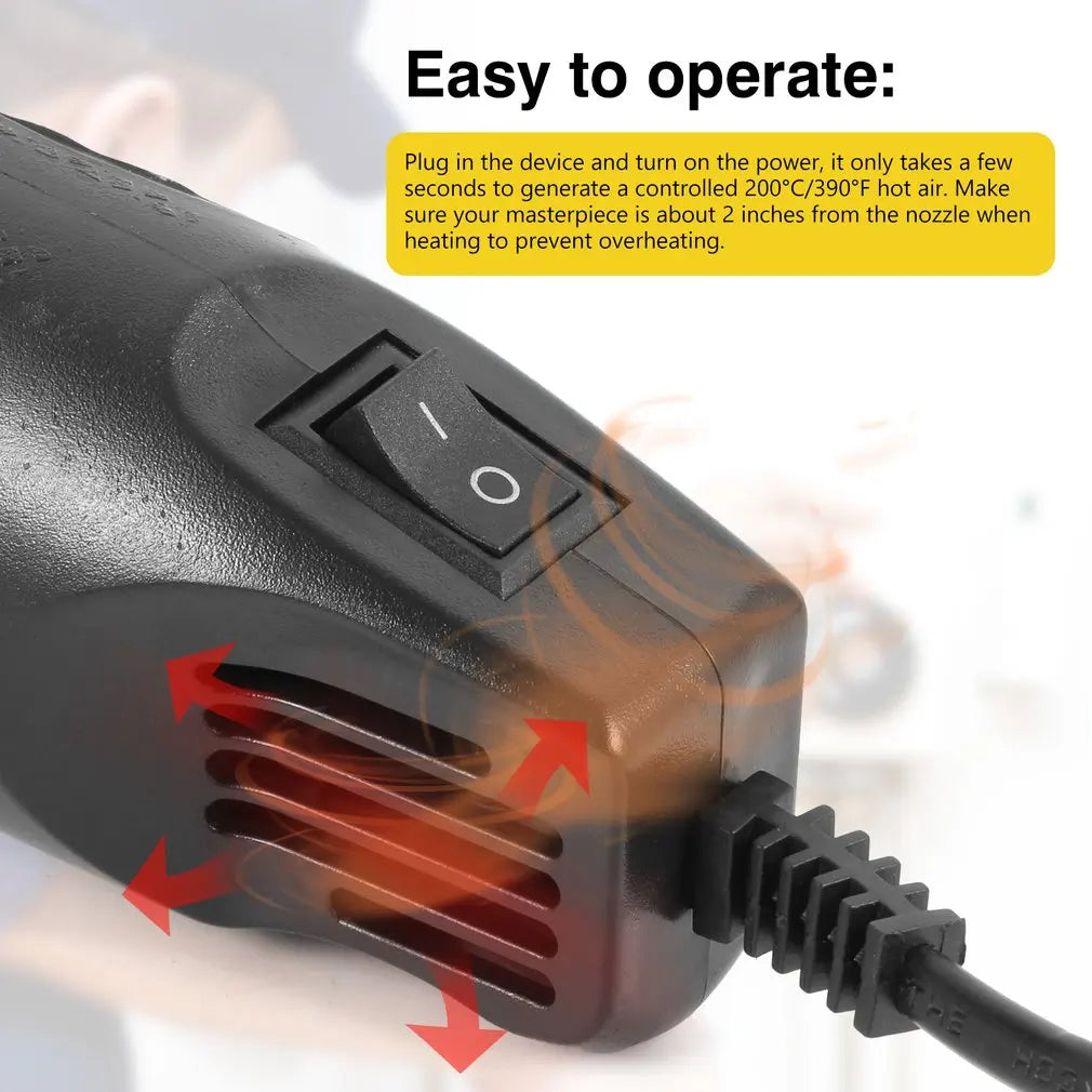 A black electric heat gun is shown with its nozzle and cord, illustrating its operation for heating.