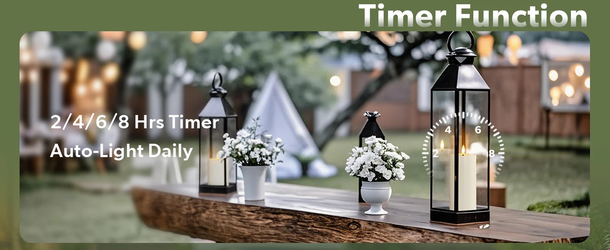 LED pillar candles in black lanterns displayed outdoors on a wooden surface with a timer function.