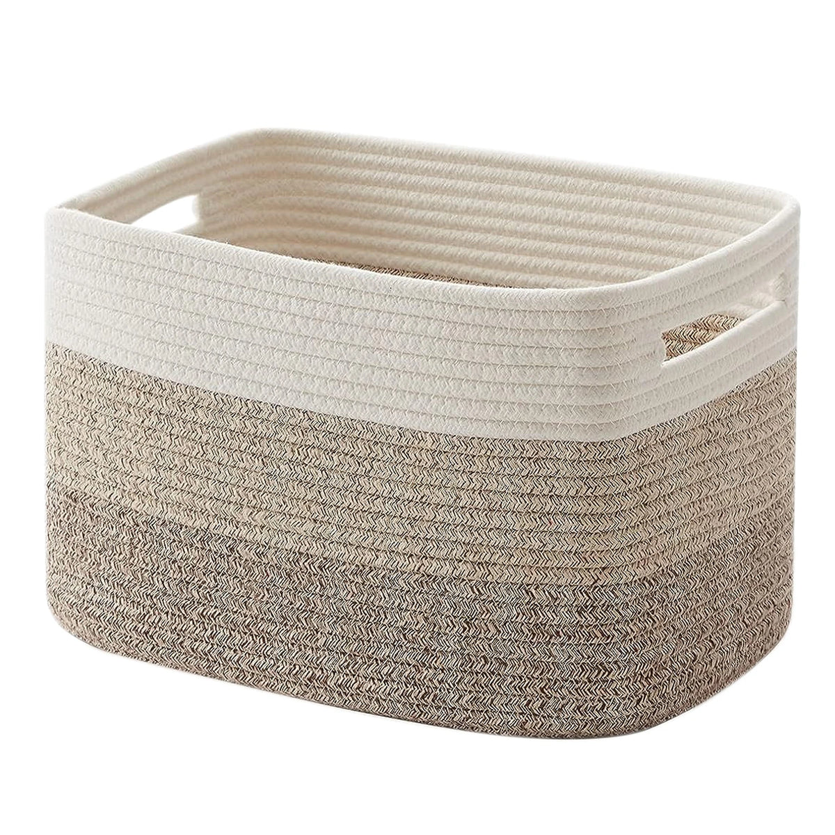A rectangular woven cotton rope storage basket with a light beige rim and a natural brown body.