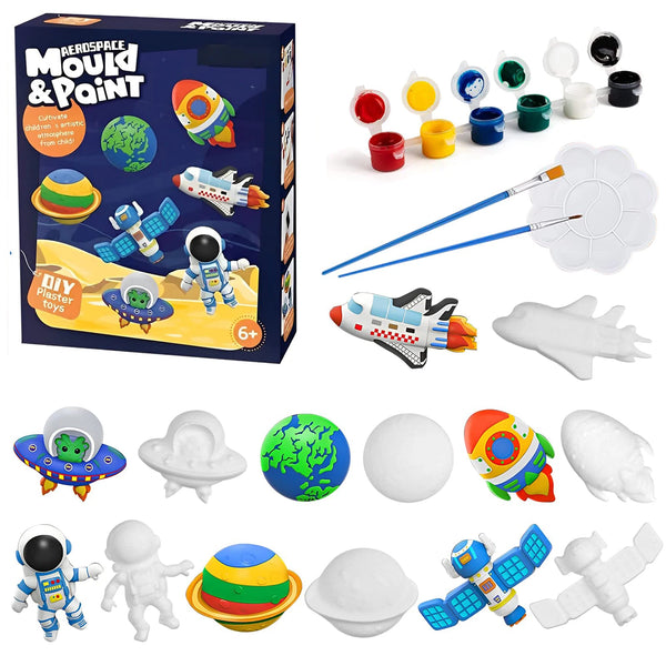 A box of a Kids' DIY Space & Dinosaur Painting Kit showing various plastic figures and paint tools.