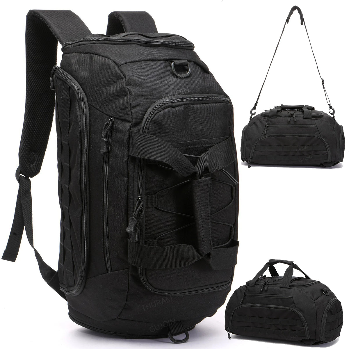Black 3-in-1 convertible tactical gym backpack with a shoe compartment shown in various views.