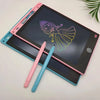 A pink and blue 12-inch LCD writing tablet with a stylus is shown on a white surface.
