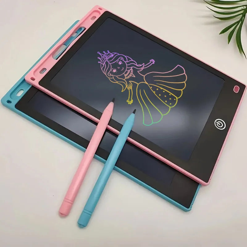 A pink and blue 12-inch LCD writing tablet with a stylus is shown on a white surface.