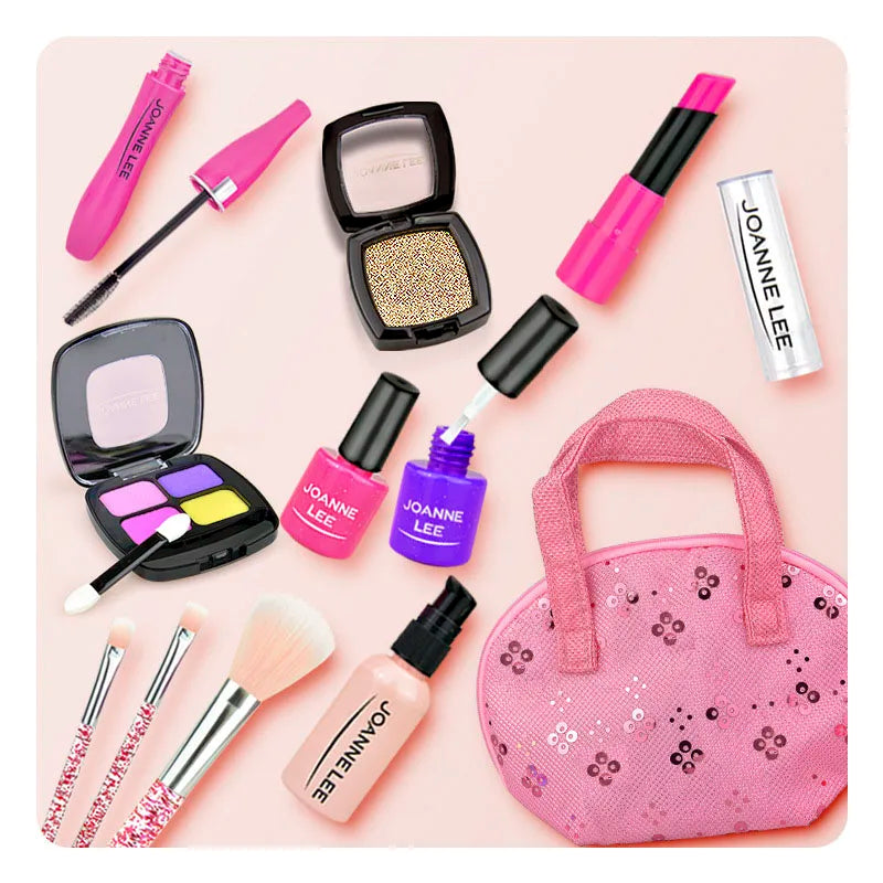 A collection of pink and purple makeup tools including lip glosses, brushes, and a pink cosmetic bag.