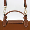 A brown leather shoulder strap with gold hardware is shown against a white background.
