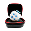 A white 12-sided fidget cube with blue buttons is shown inside a black carrying case.