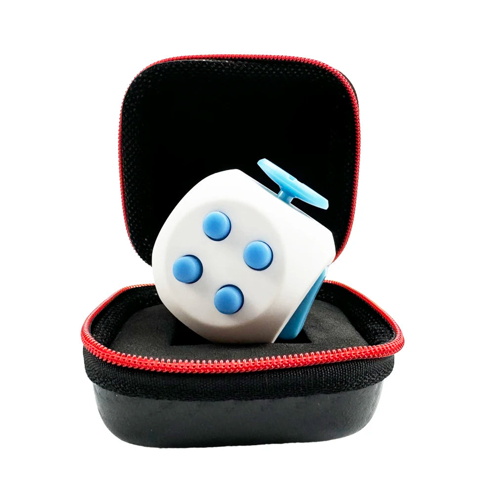 A white 12-sided fidget cube with blue buttons is shown inside a black carrying case.