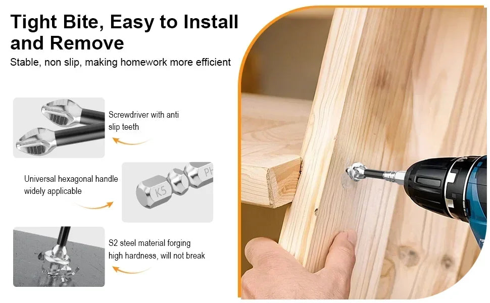 A set of magnetic screwdriver bits and a universal hexagonal handle being used to install or remove hardware in wood.