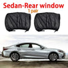 A pair of black sedan rear window sunshades with mosquito mesh shown next to a silver car.