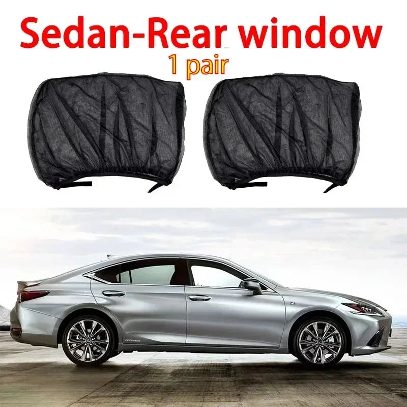 A pair of black sedan rear window sunshades with mosquito mesh shown next to a silver car.