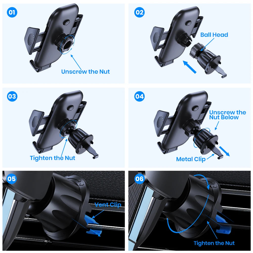 Step-by-step instructions showing how to install a stable car phone mount with a ball head and vent clip.