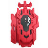 A red battle spinning top with metal construction featuring a distinctive geometric design.