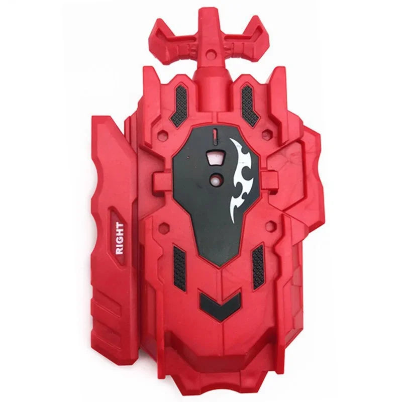 A red battle spinning top with metal construction featuring a distinctive geometric design.