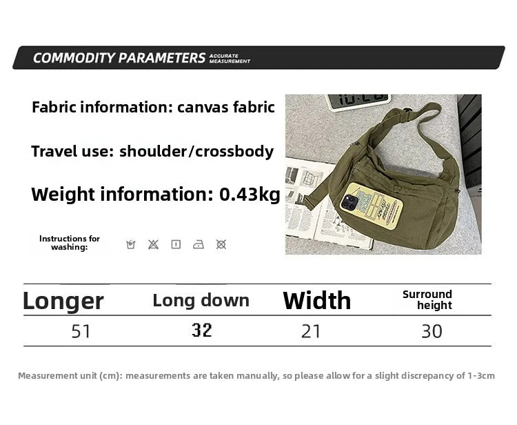 Cotton Canvas Crossbody Bag with Large Capacity