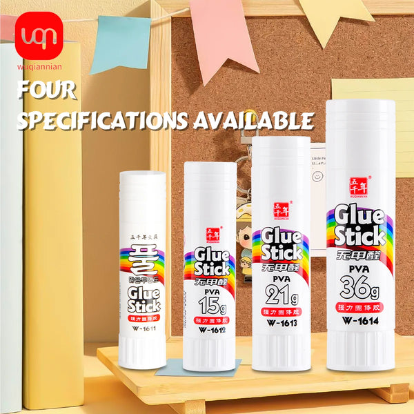 Four specifications of Glue Stick products in various colors and sizes displayed on a wooden surface.