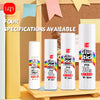 Four specifications of Glue Stick products in various colors and sizes displayed on a wooden surface.