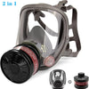 A dark gray full face respirator mask with a gas filter canister and attached straps.