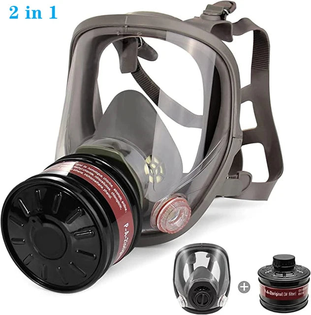 A dark gray full face respirator mask with a gas filter canister and attached straps.