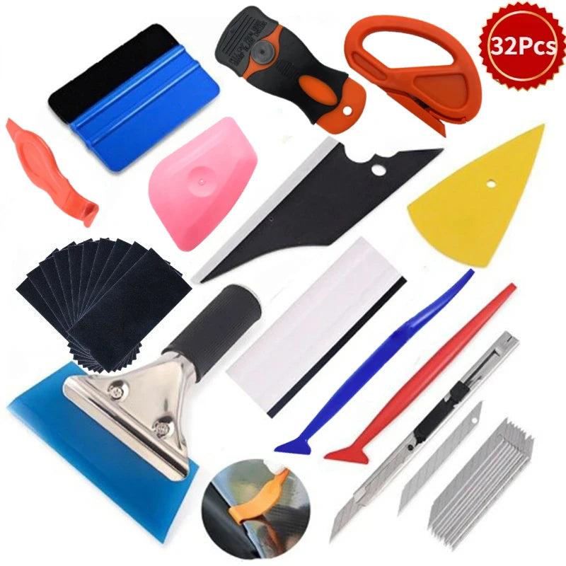Kit para instalación de película tintadora profesional de coche, incluye herramientas como cortadores, cuchillas y rodillos.
