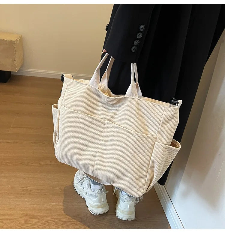 Multi-Pocket Corduroy Tote Bag – Large Capacity Casual Satchel for Travel, Work & Commute