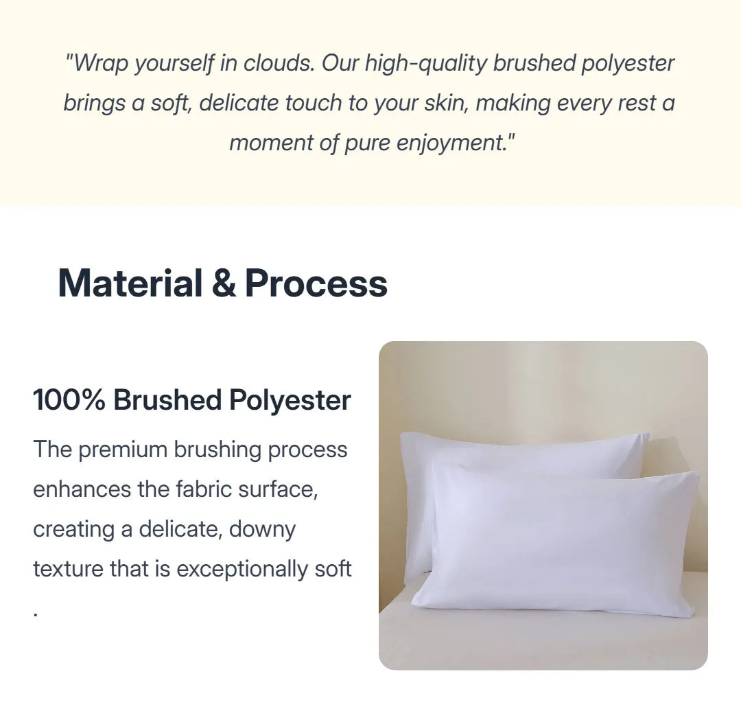 A set of white pillow covers made from 100% brushed polyester fabric.
